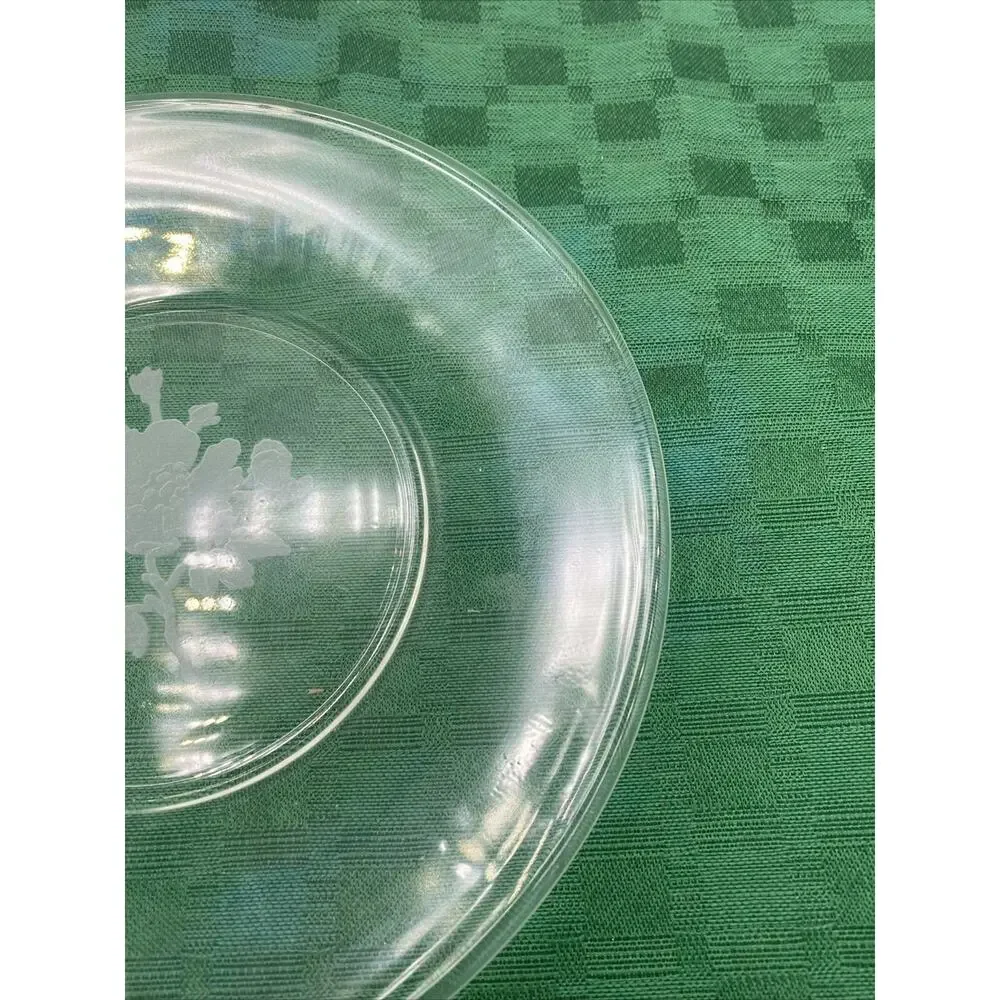 8” Clear Glass Dessert Plate Etched Floral Design Bottom